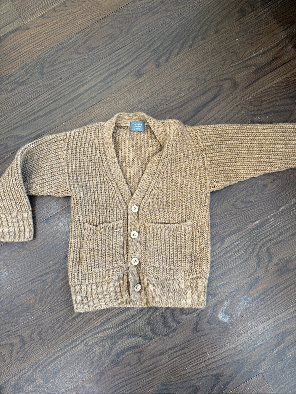 Children's Cozy Knit Cardigan in Tan with Front Pockets